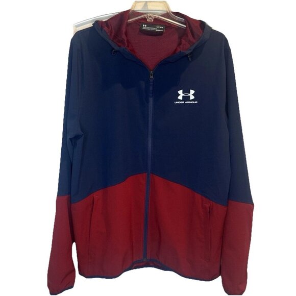 Under Armour Men’s Hooded Warm Up Wind Breaker Heat Gear Jacket Zip Front Sz L - Picture 1 of 9